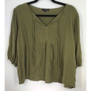 Plus Size Cottagecore Boho Peasant Olive‎ Green Swiss Dot Blouse 3/4 Sleeve 2X